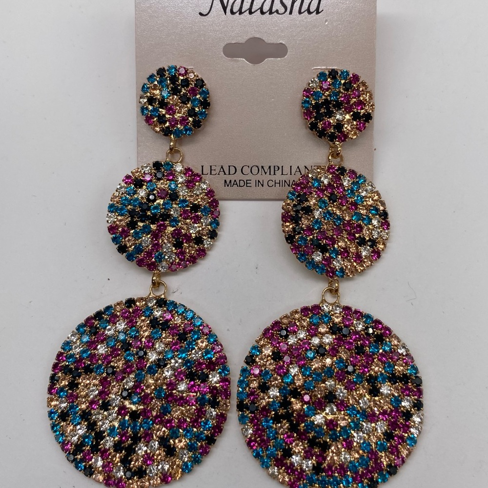 Natasha Multi Colored Stone Large Triple Drop Earrings NEW